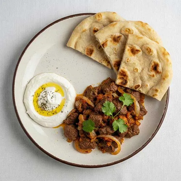 Beef Mugalgal With Fresh Salad, Laban And Khubz Bread
